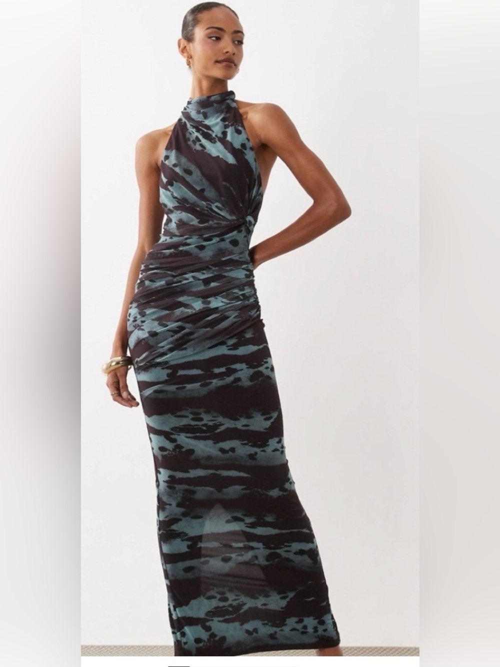mesh twist bust detail halter maxi dress with tie back neck in abstract print